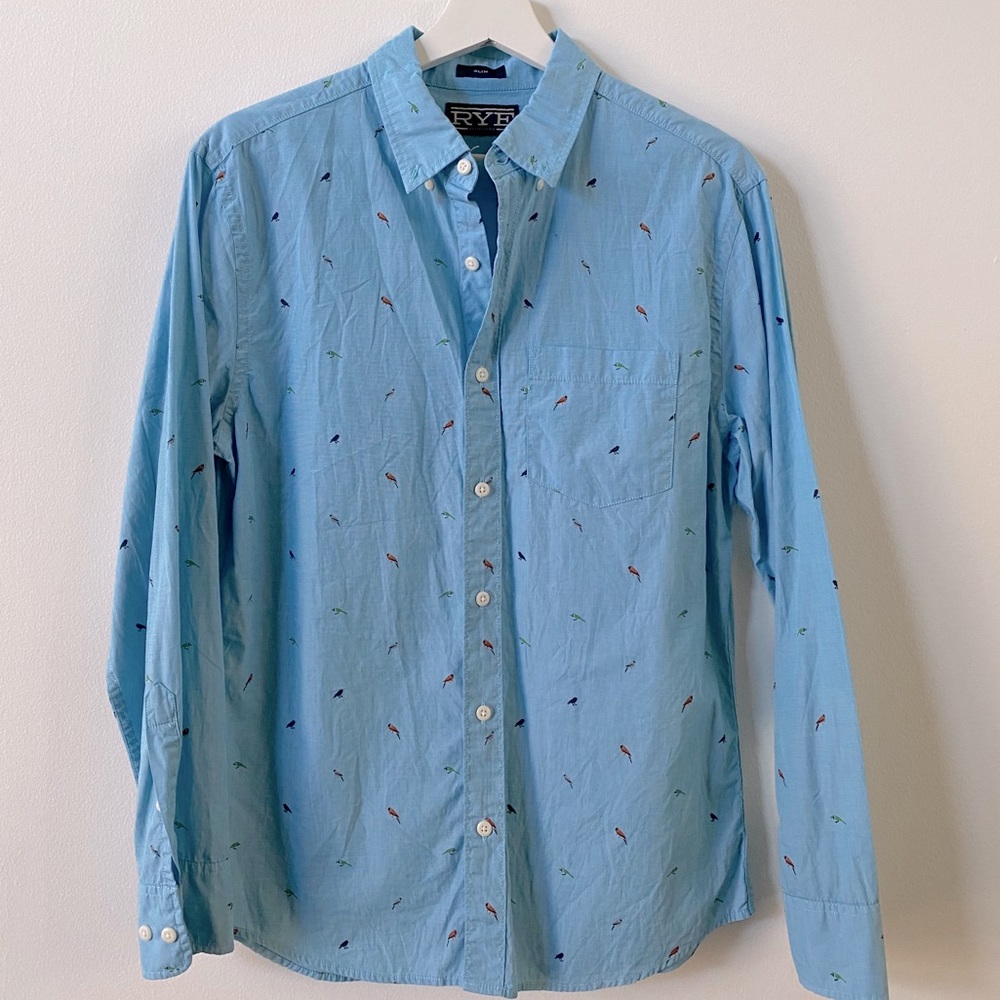 RYE - Sky Blue Button Down Patterned W/ Birds